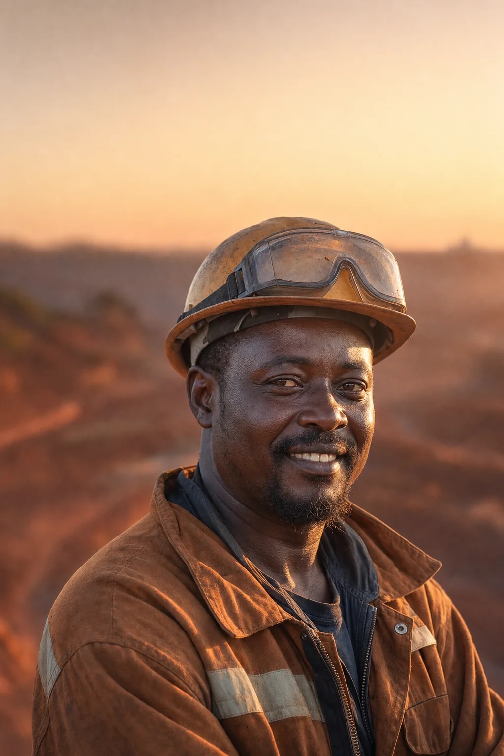Mineur centrafricain portant un casque et des lunettes de protection