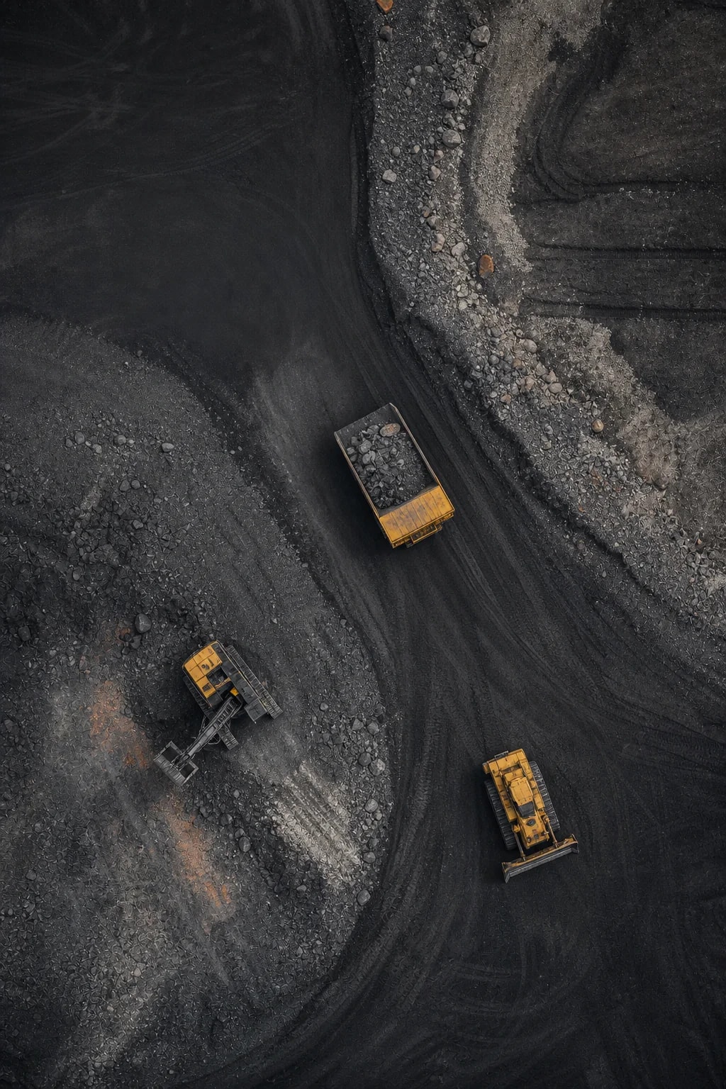 Vue aérienne de véhicules miniers circulant sur un site d’extraction